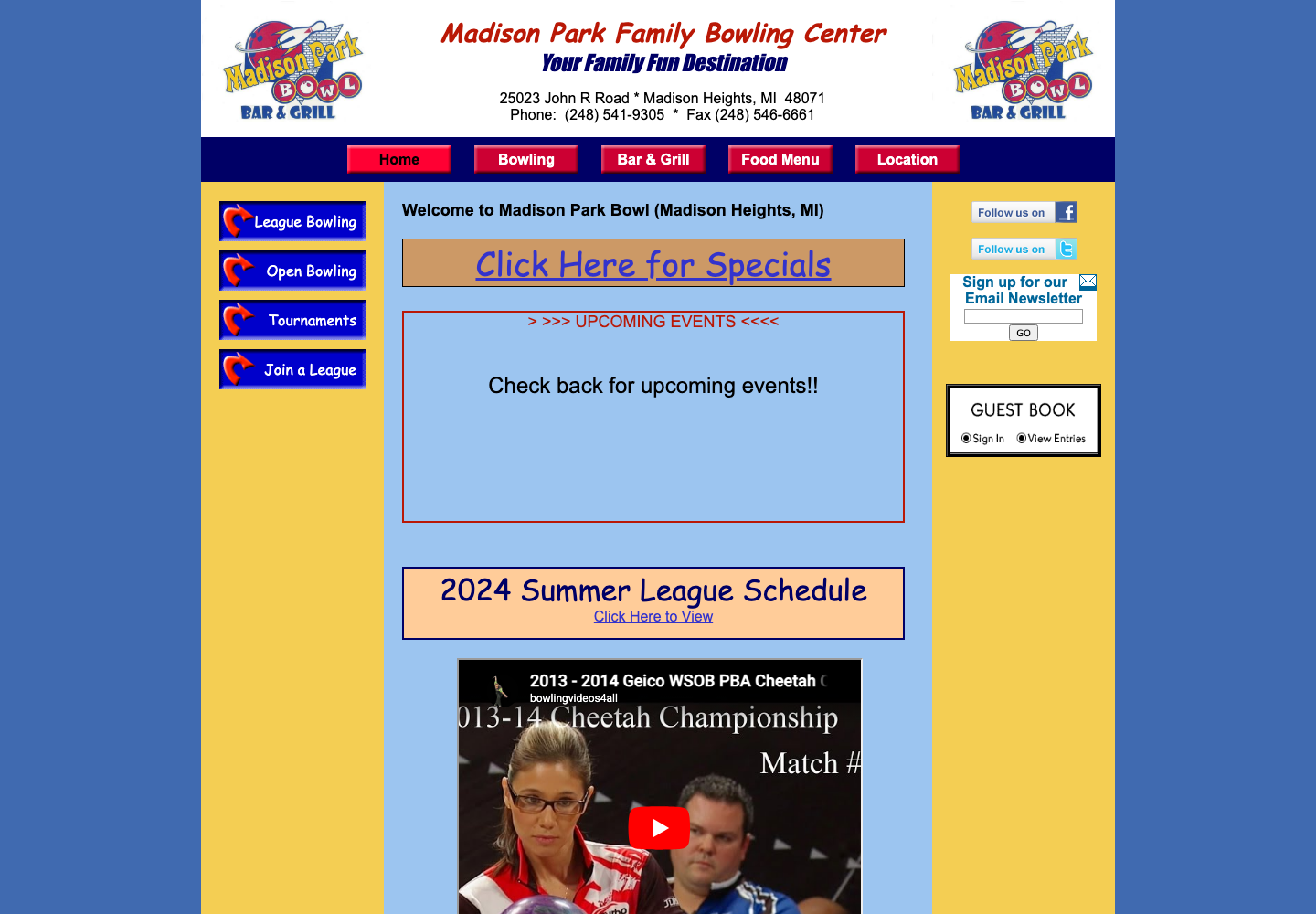 Madison Park Bowl's original website — dated table layout with a guest book