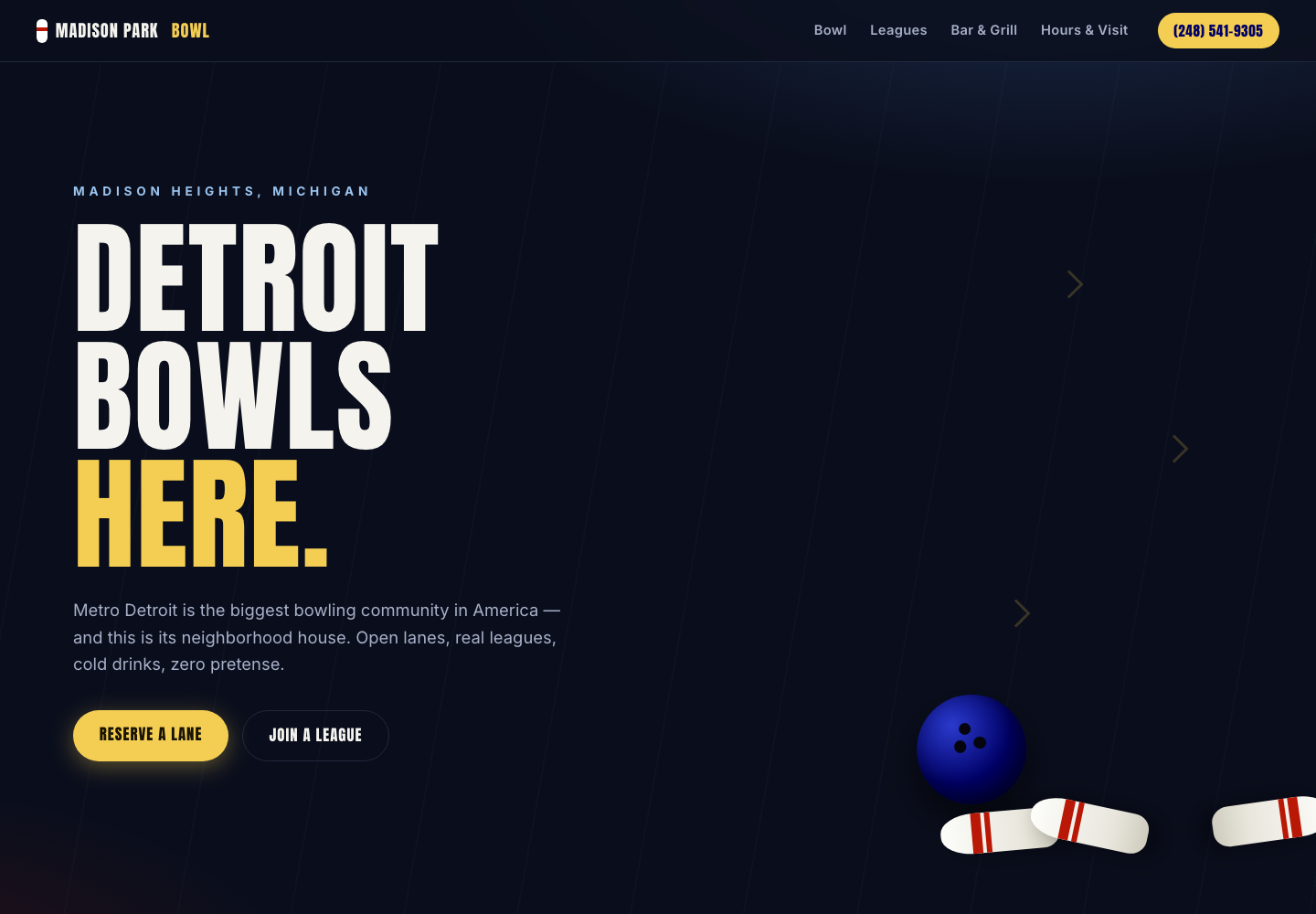 Madison Park Bowl's new one-page website — bold, modern design