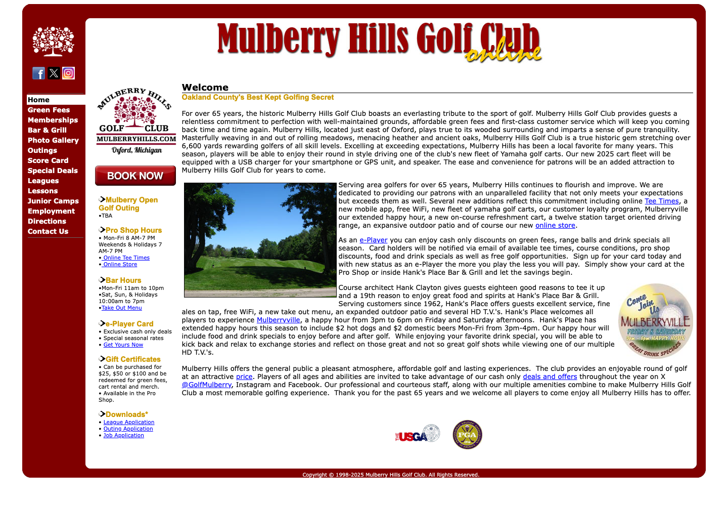 Mulberry Hills Golf Club's original website — cluttered 2000s layout