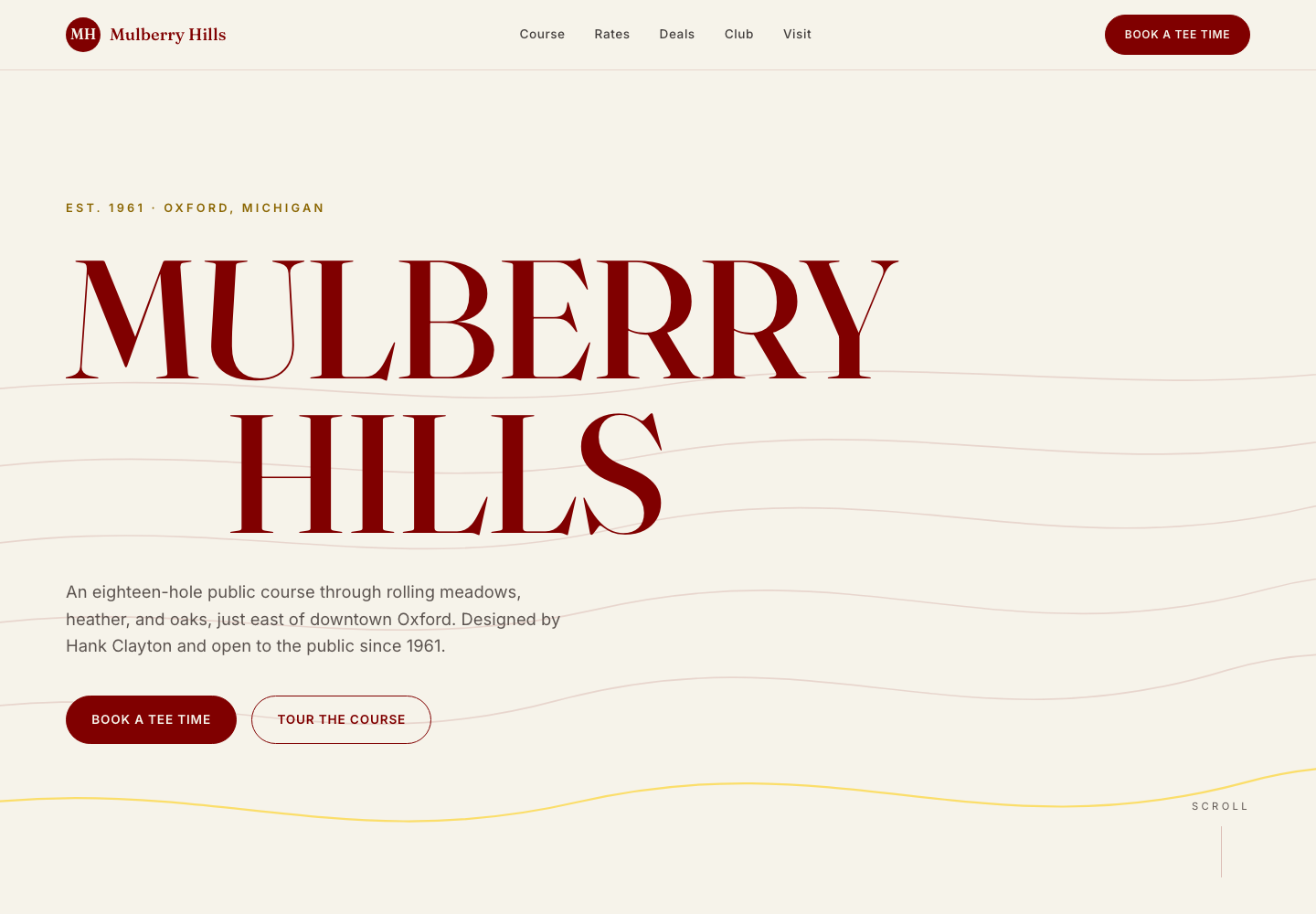 Mulberry Hills Golf Club's new one-page website — clean editorial design