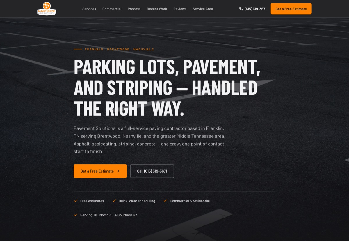 Pavement Solutions live website for paving, maintenance, and striping