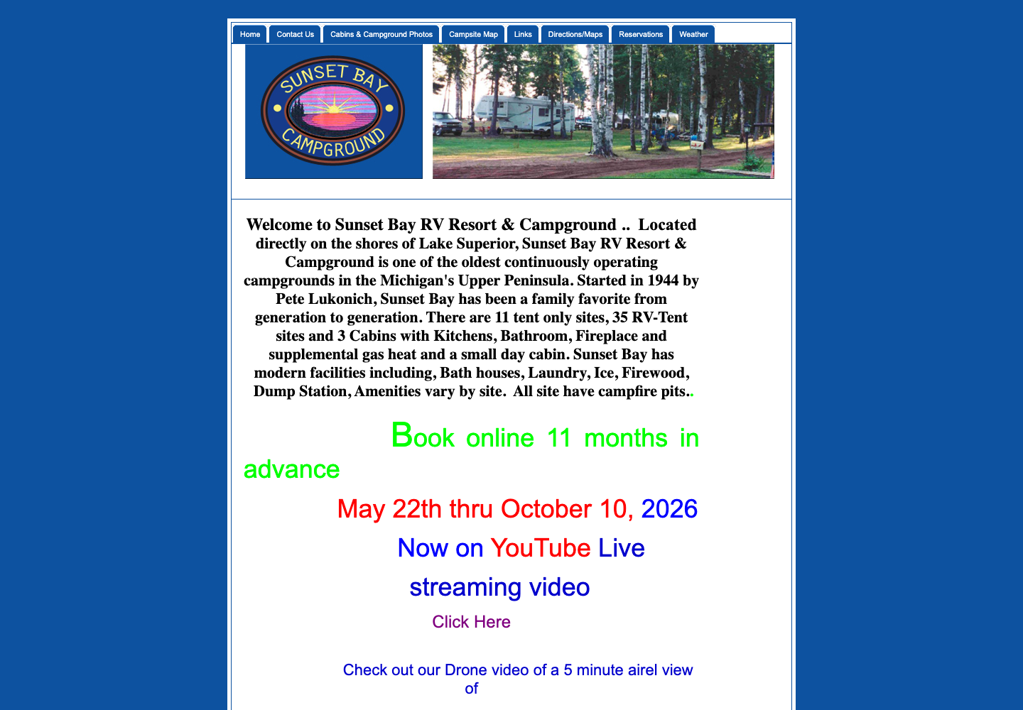 Sunset Bay RV Resort's original website — a dense wall of text with blinking links