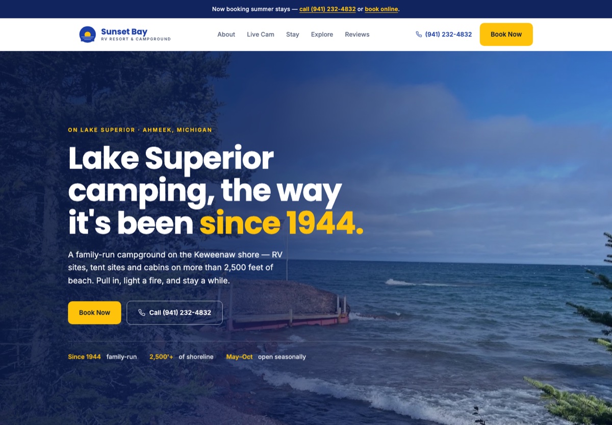 Sunset Bay RV Resort's live website leading with its Lake Superior setting