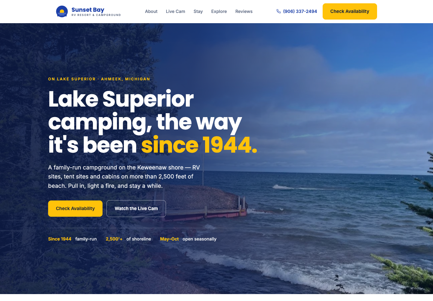 Sunset Bay RV Resort's new one-page website — clean design leading with Lake Superior